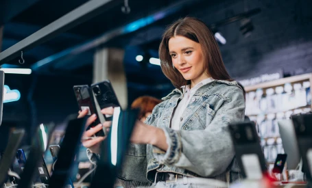 woman choosing phone technology store